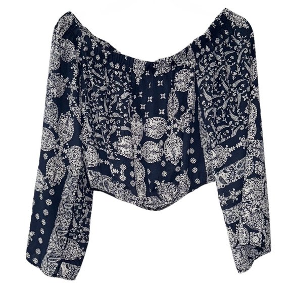 Altere’d State Paisley Wide Sleeves Off Shoulder Blue‎ White Crop Top - Picture 5 of 11
